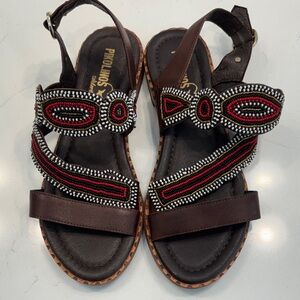 PIKOLINOS Dark Brown Leather Sandals with Red & Black Beadwork